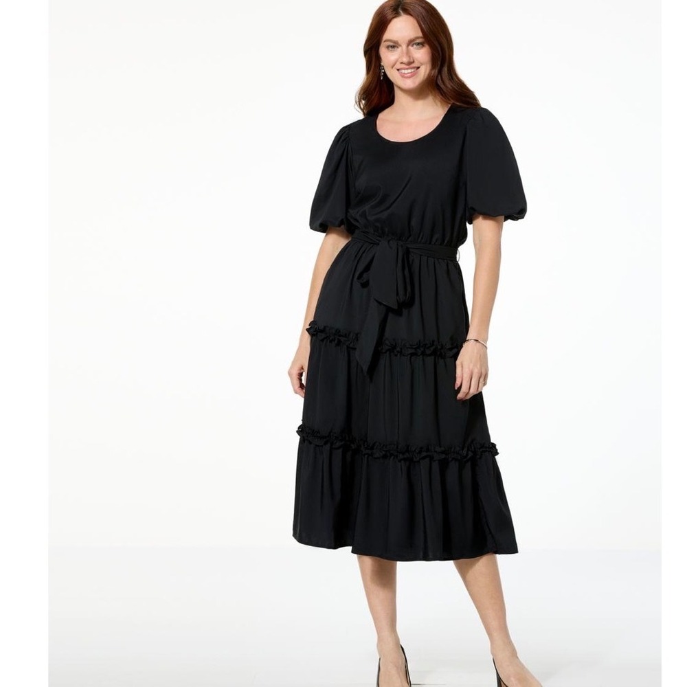 Mark & James Badgley Mischka Black Tiered Puff Sleeve Midi Dress Pockets Large